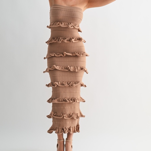 Ruffled Strapless Maxi Dress in Tan - Picture 2 of 4